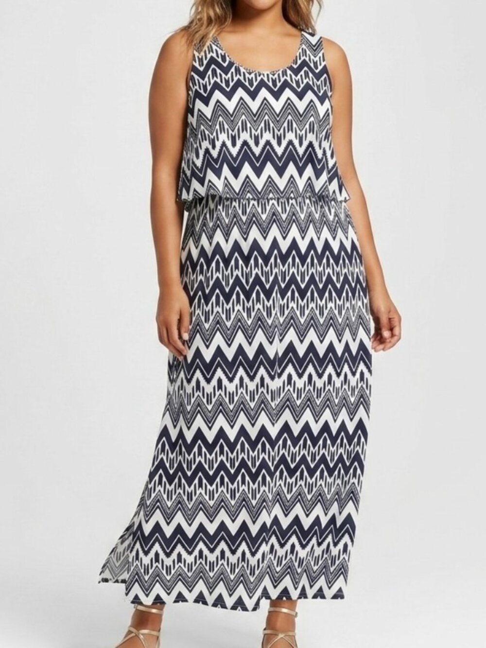 Magic Women's Maxi Dress 3X Chevron Stripe Navy Blue & White Sleeveless Blouson